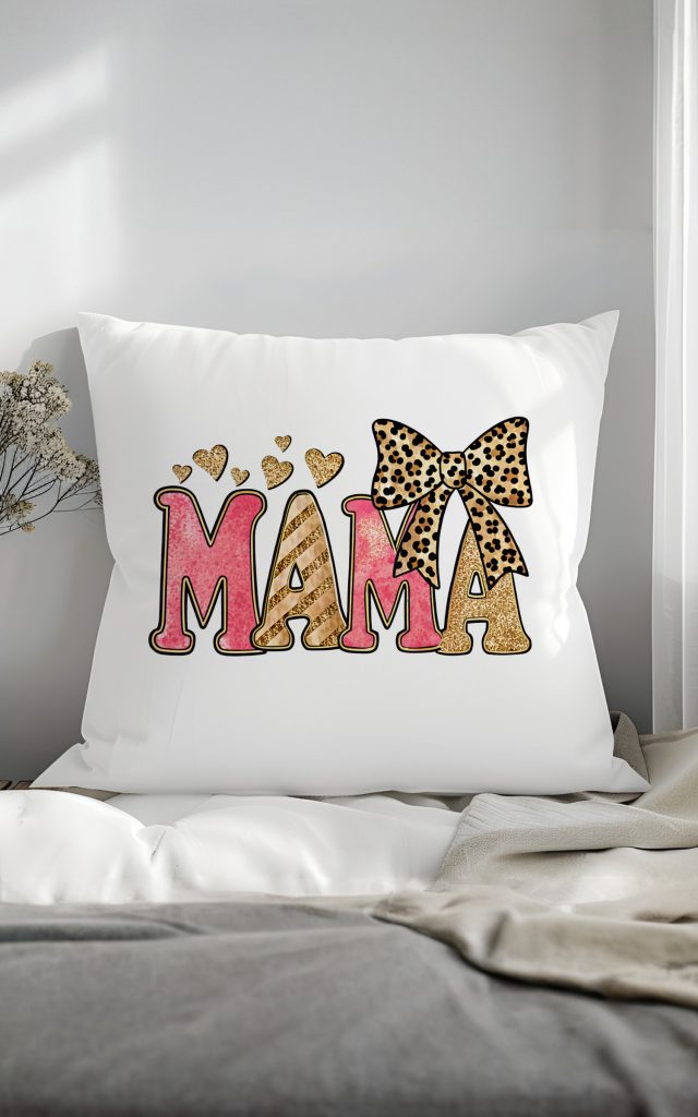 Chic MAMA pillow with pink and gold glitter text and leopard bow.