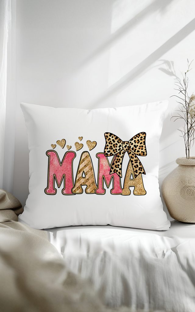 Trendy MAMA pillow with pink and gold glitter and leopard accents.