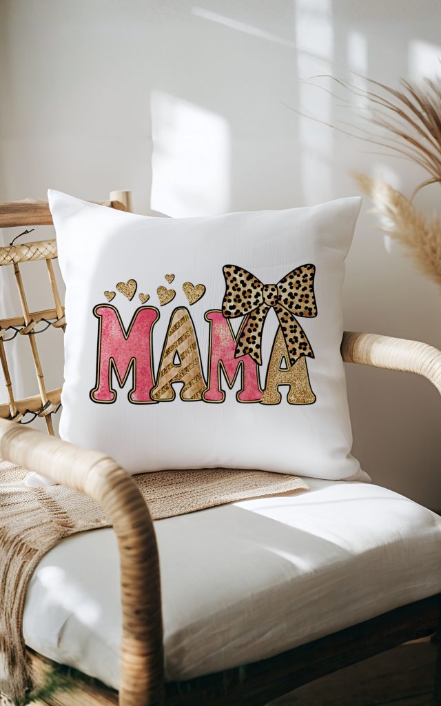 Glamorous MAMA pillow with pink and gold glitter and hearts.