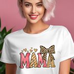 Pink and gold glitter MAMA text on a t-shirt with leopard bow.