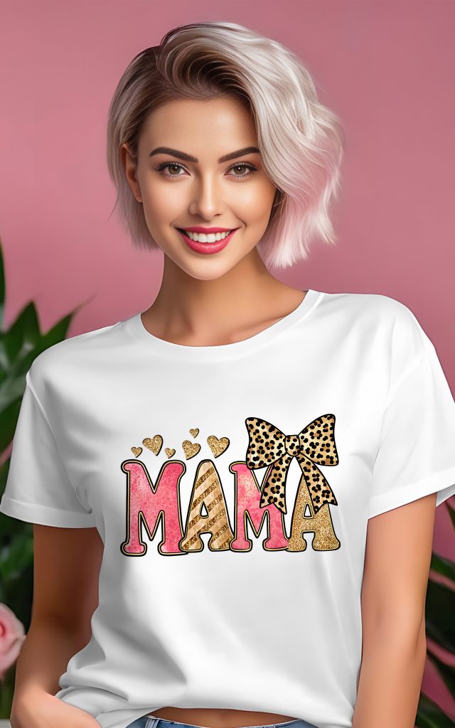 Pink and gold glitter MAMA text on a t-shirt with leopard bow.