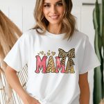 Stylish MAMA t-shirt with pink and gold glitter and leopard bow.