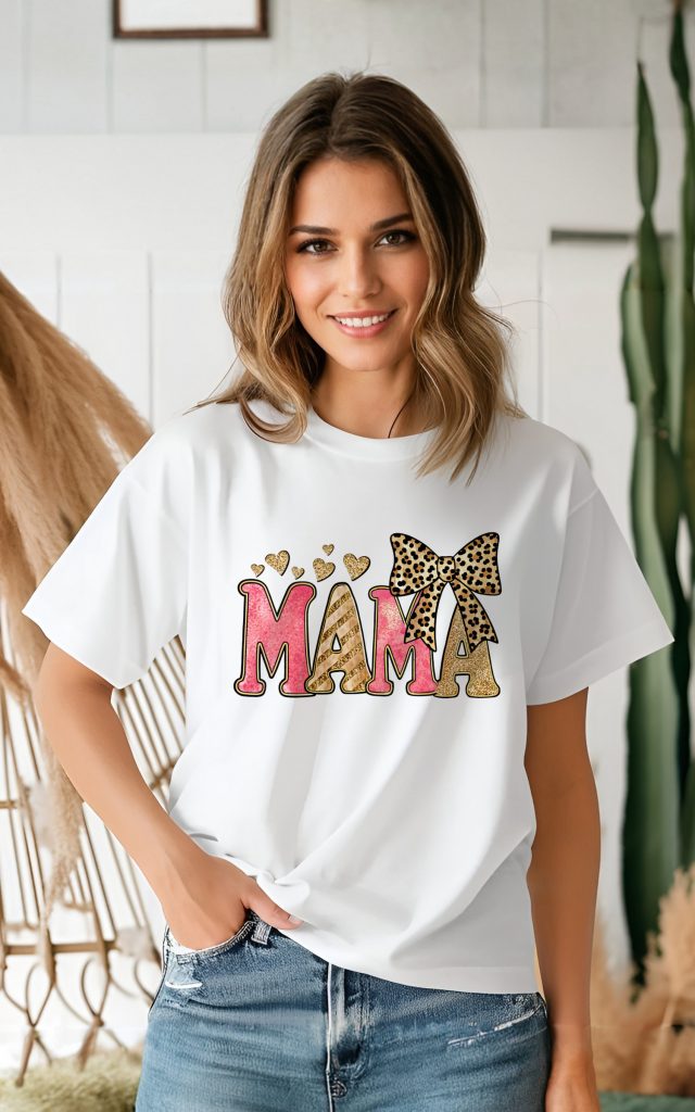 Stylish MAMA t-shirt with pink and gold glitter and leopard bow.