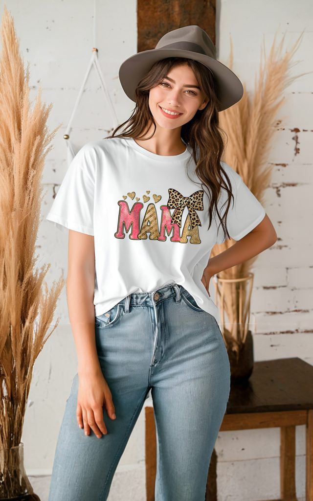 Chic MAMA t-shirt with glitter text and leopard accents.