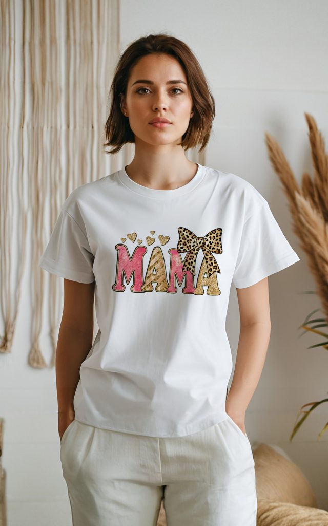 Bold MAMA t-shirt with pink and gold glitter and hearts.