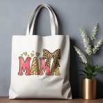 Pink and gold glitter MAMA text on a tote bag with leopard bow.