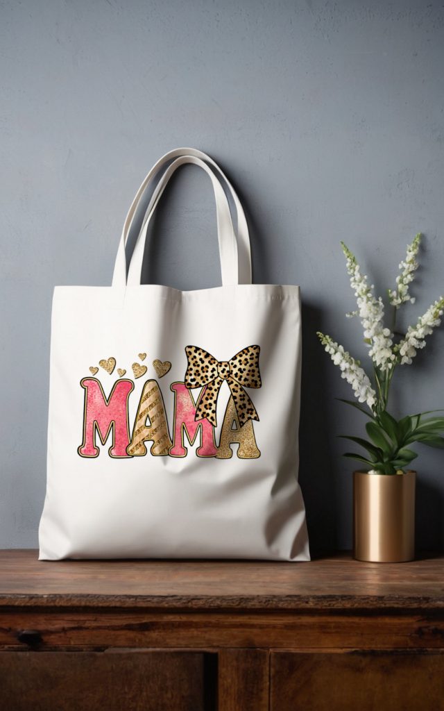 Pink and gold glitter MAMA text on a tote bag with leopard bow.