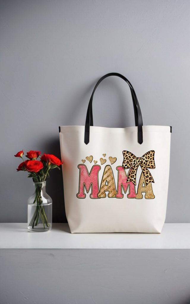 Trendy MAMA tote bag with glitter and leopard accents.