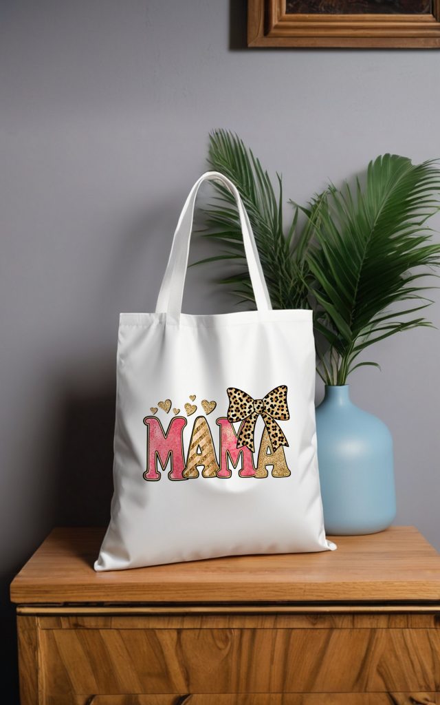 Chic MAMA tote bag with glitter text and hearts.