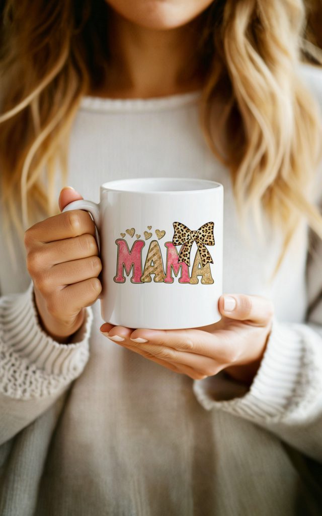 Bold MAMA mug with glitter text and hearts.