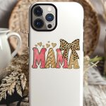 Pink and gold glitter MAMA text on a phone case with leopard bow.