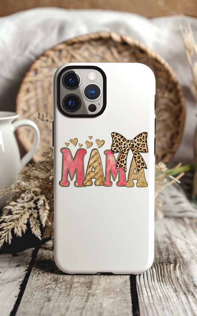 Pink and gold glitter MAMA text on a phone case with leopard bow.