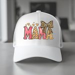 Pink and gold glitter MAMA text on a cap with leopard bow.