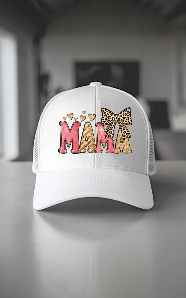 Pink and gold glitter MAMA text on a cap with leopard bow.