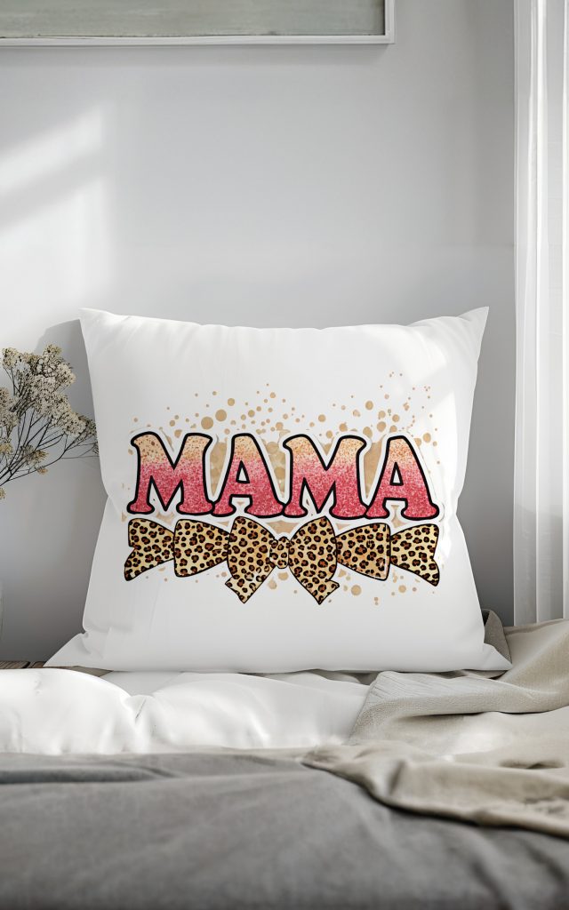 Bold MAMA pillow with pink glitter and splatter background.