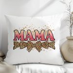 Chic MAMA pillow with pink glitter text and leopard print bows.