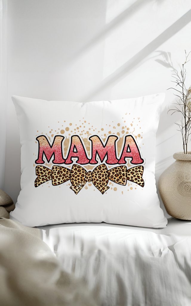 Chic MAMA pillow with pink glitter text and leopard print bows.