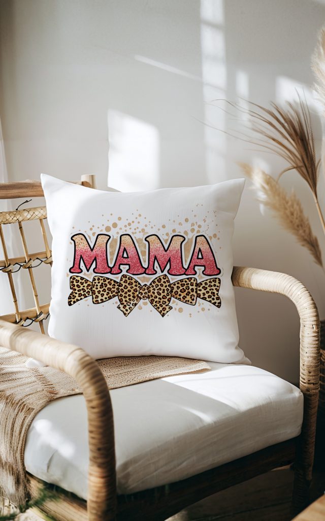 Trendy MAMA pillow with pink glitter and leopard accents.