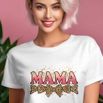 Pink glitter MAMA text on a t-shirt with leopard bows.