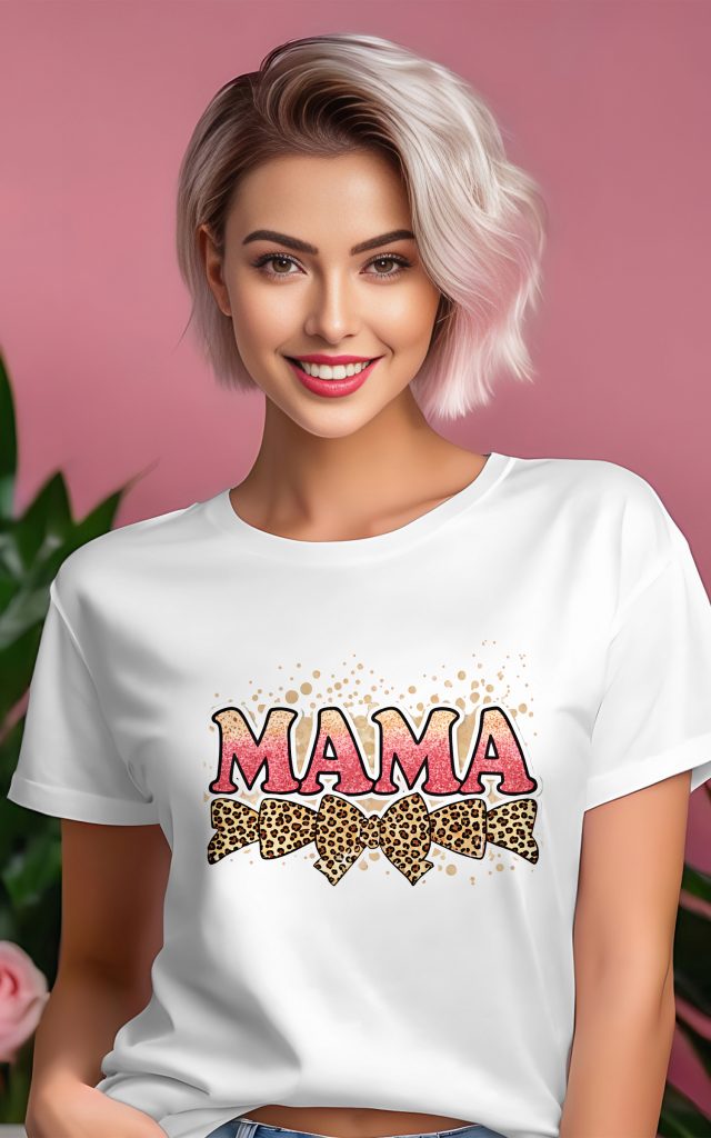 Pink glitter MAMA text on a t-shirt with leopard bows.