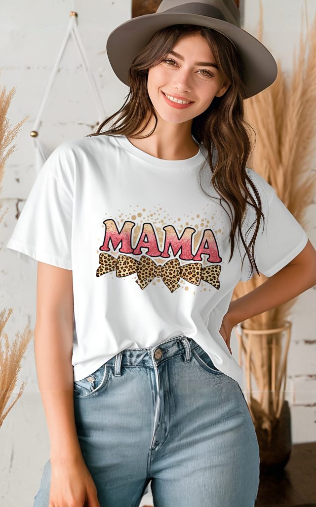 Chic MAMA t-shirt with glitter text and leopard accents.