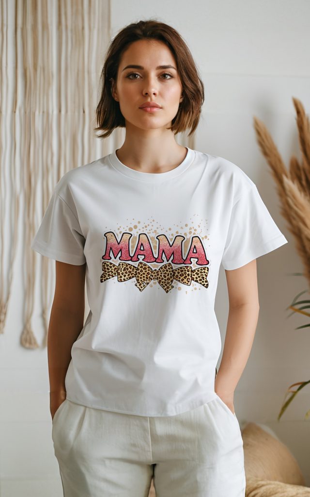 Bold MAMA t-shirt with pink glitter and splatter design.