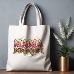 Pink glitter MAMA text on a tote bag with leopard bows.