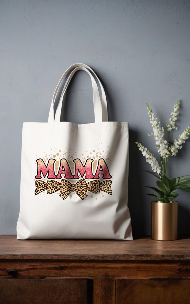 Pink glitter MAMA text on a tote bag with leopard bows.