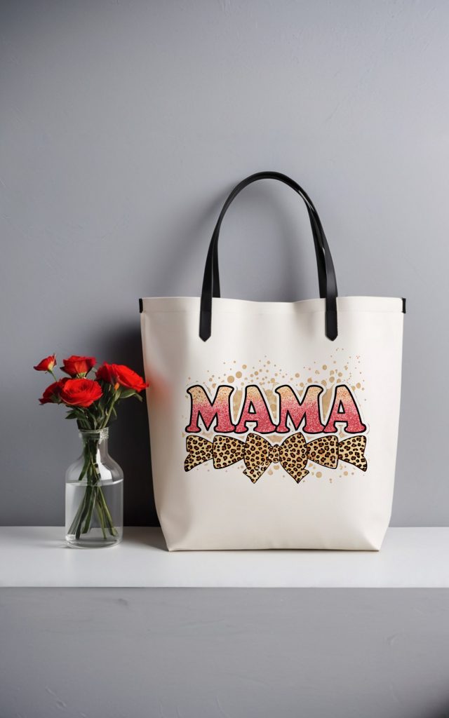 Trendy MAMA tote bag with glitter and leopard accents.