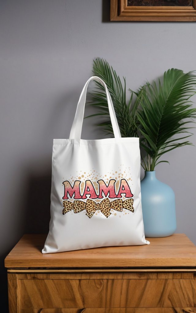 Chic MAMA tote bag with glitter text and splatter design.