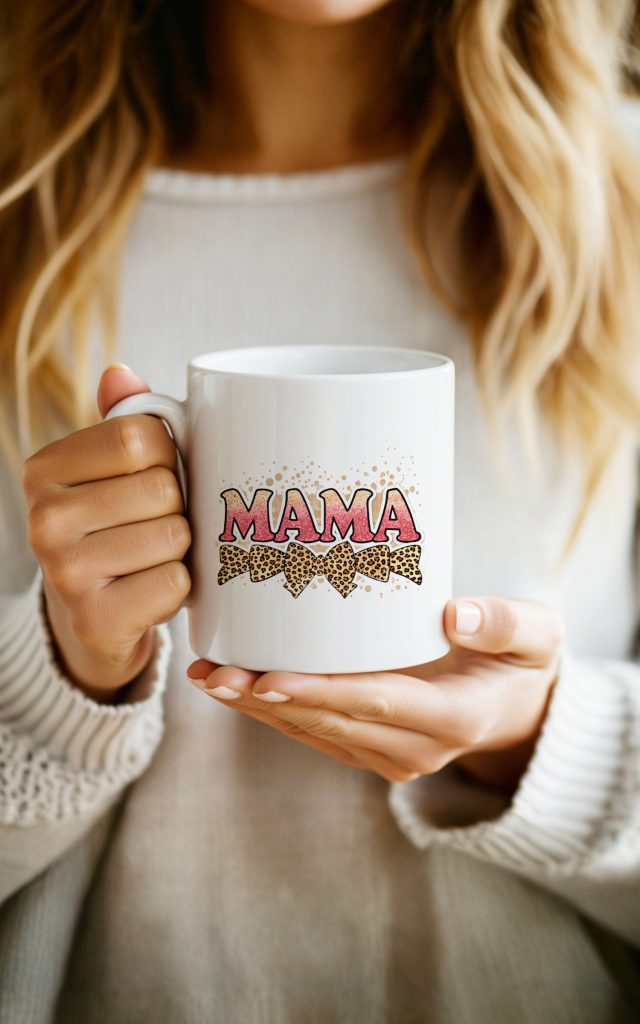 Bold MAMA mug with glitter text and splatter background.