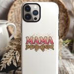 Pink glitter MAMA text on a phone case with leopard bows.