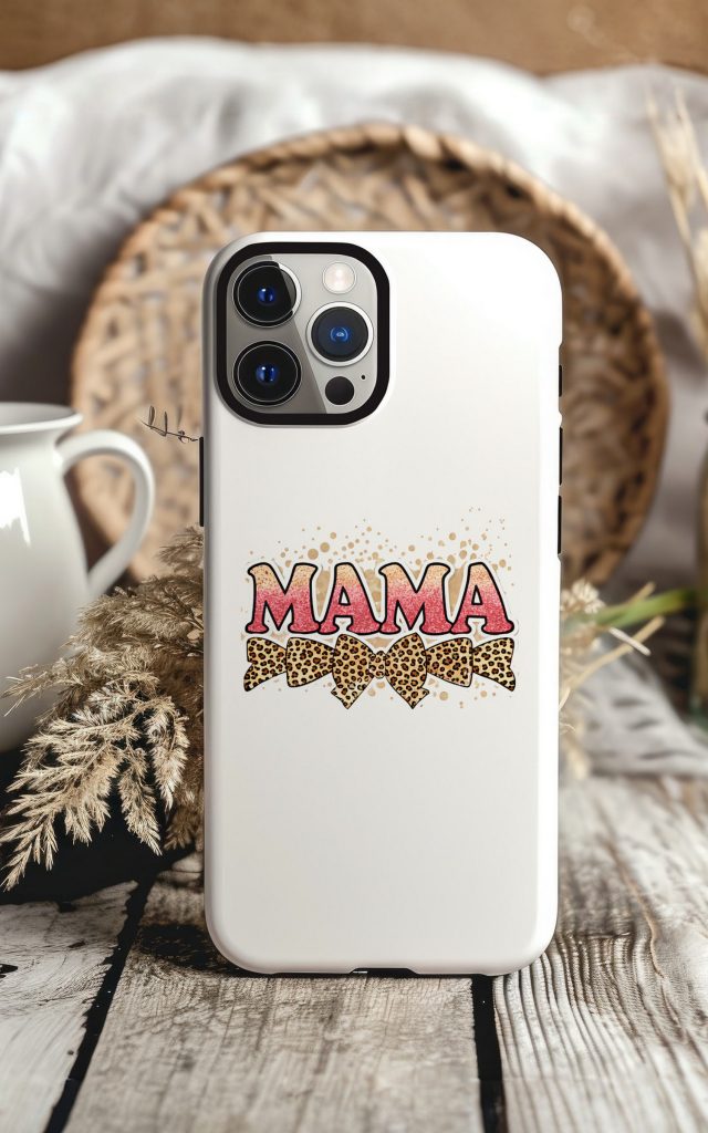 Pink glitter MAMA text on a phone case with leopard bows.