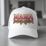 Pink glitter MAMA text on a cap with leopard bows.