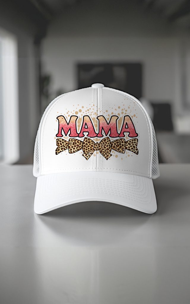 Pink glitter MAMA text on a cap with leopard bows.