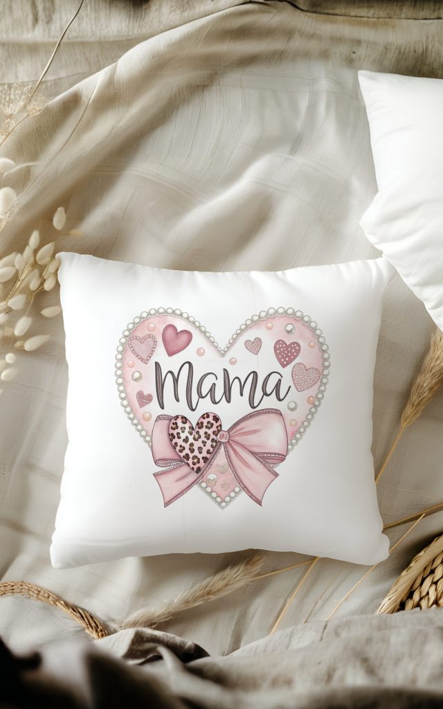 Heart-shaped Mama pillow with soft hearts and a bow.