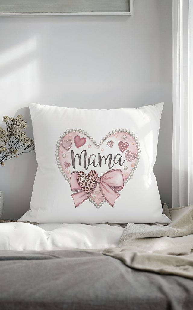 Elegant Mama pillow with heart-shaped design and bow.