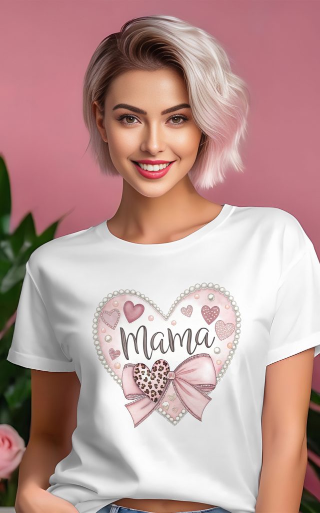 Heart-shaped Mama t-shirt with soft hearts and bow.