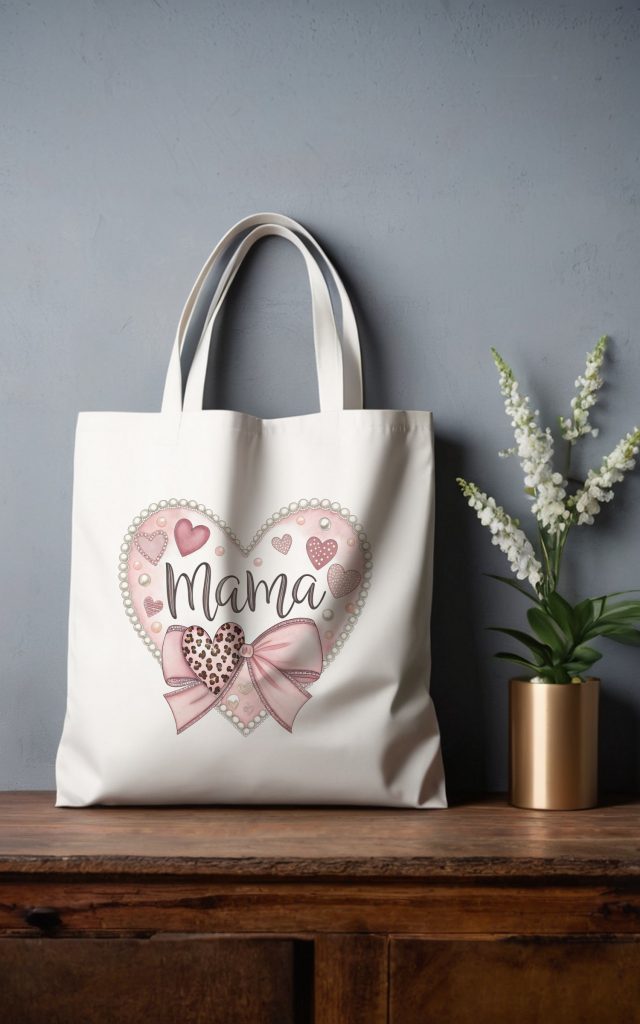 Heart-shaped Mama tote bag with soft hearts and bow.