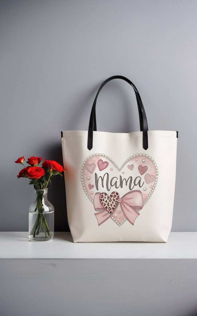 Elegant Mama tote bag with heart design and bow.