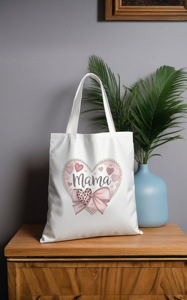 Delicate Mama tote bag with soft hearts and bow.