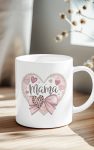 Heart-shaped Mama mug with soft hearts and bow.