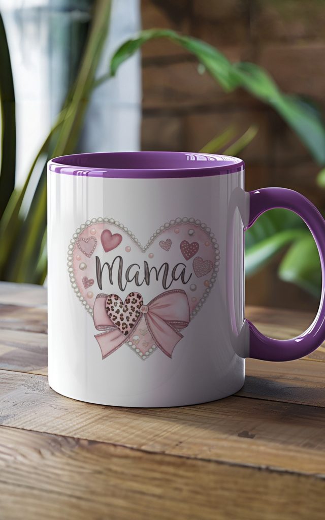 Elegant Mama mug with heart design and bow.