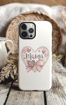 Heart-shaped Mama phone case with soft hearts and bow.