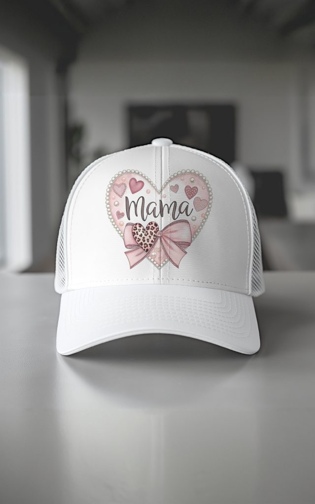 Heart-shaped Mama cap with soft hearts and bow.