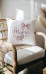 Chic Mama pillow with pearl heart and pink bows.