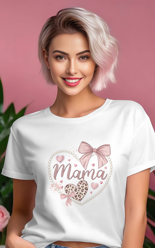 Pearl heart Mama t-shirt with pink bows and leopard print.