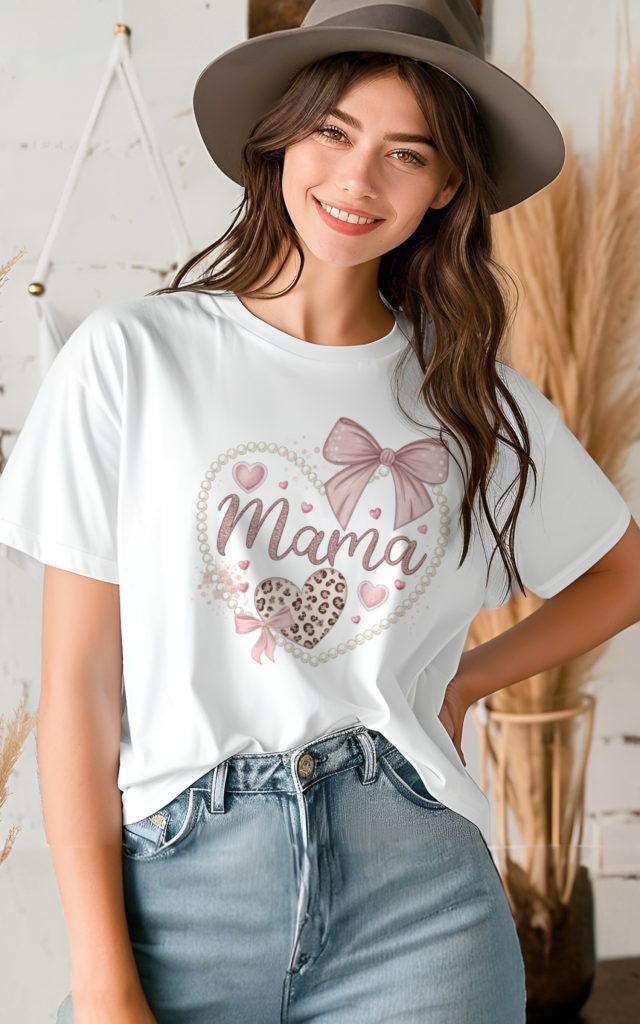 Delicate Mama t-shirt with pearl heart and pastel tones.