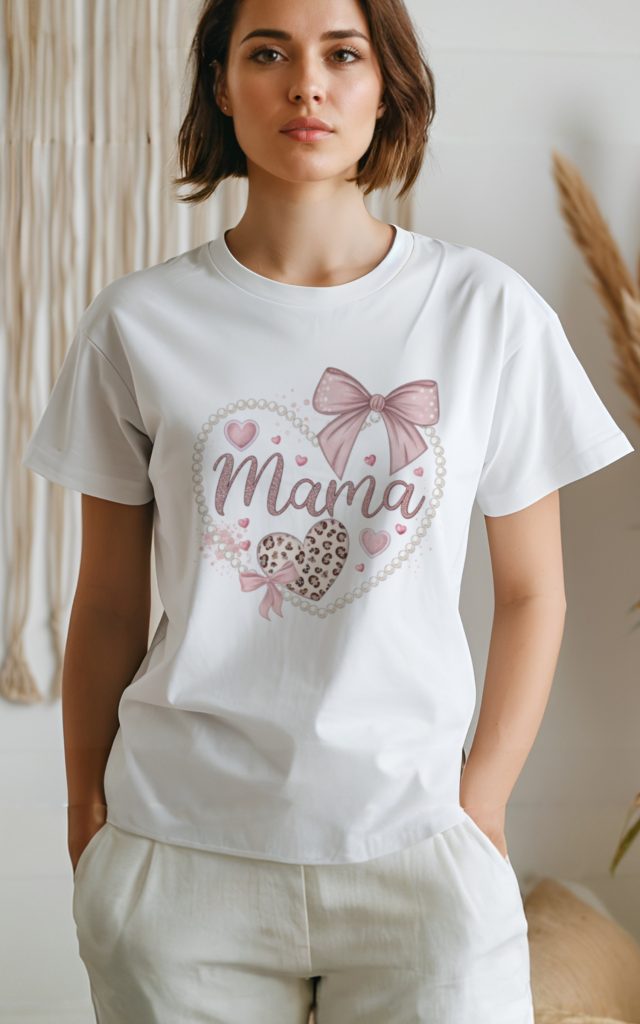 Chic Mama t-shirt with pearl heart and pink bows.