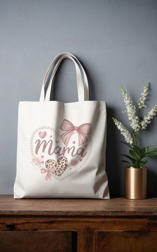 Pearl heart Mama tote bag with pink bows and leopard print.